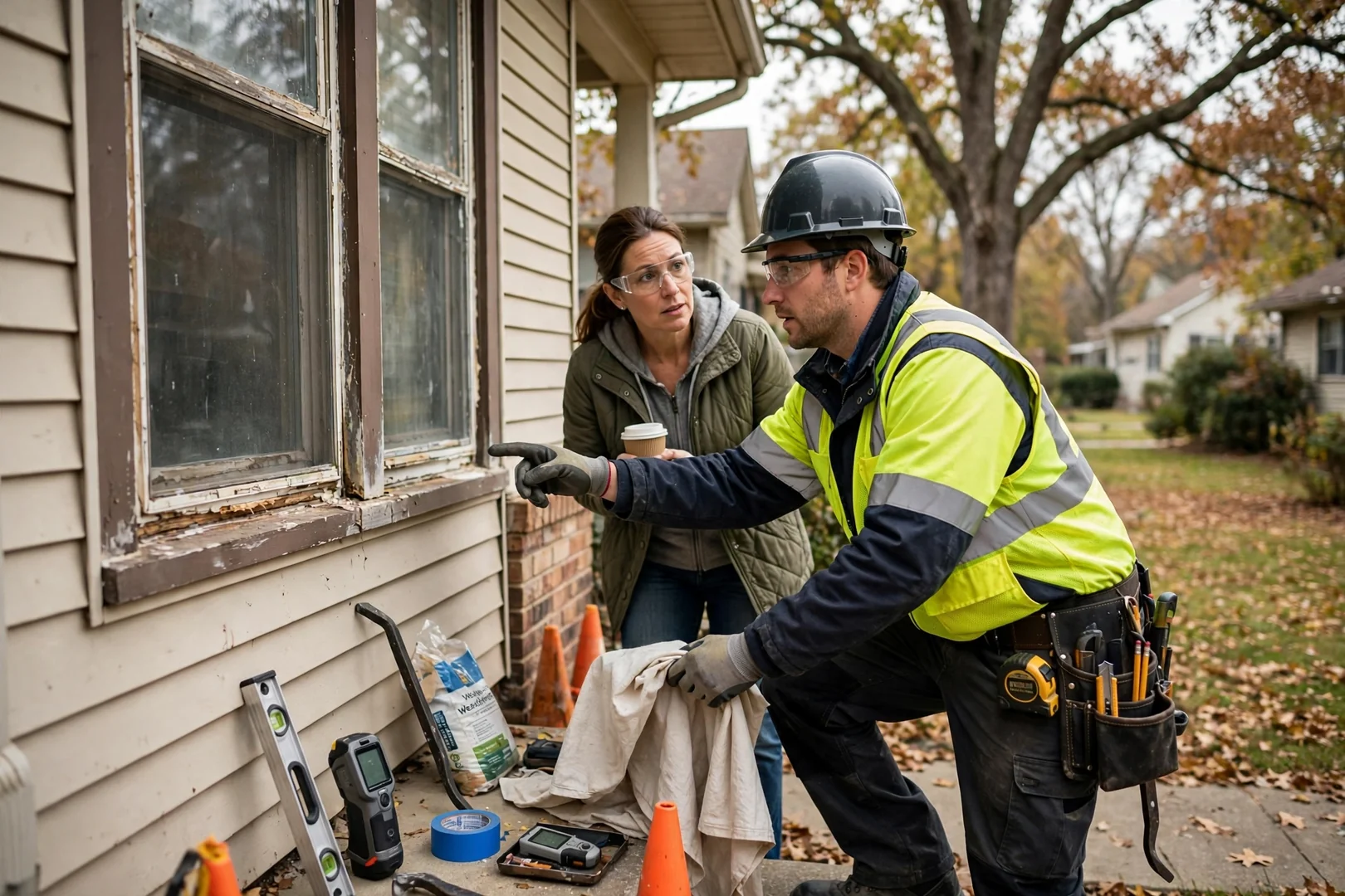 Technician measuring a bay window opening while preparing a written replacement estimate for a homeowner