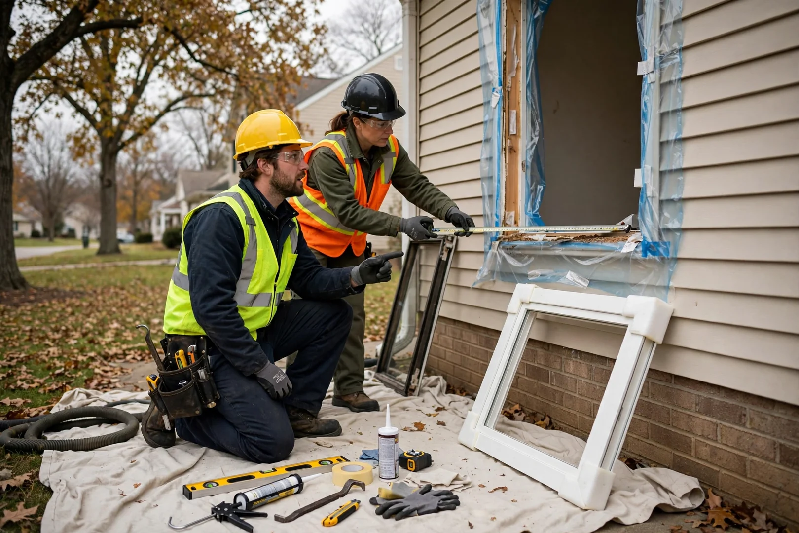 Installer measuring a bay window opening during a homeowner consultation in St Peters