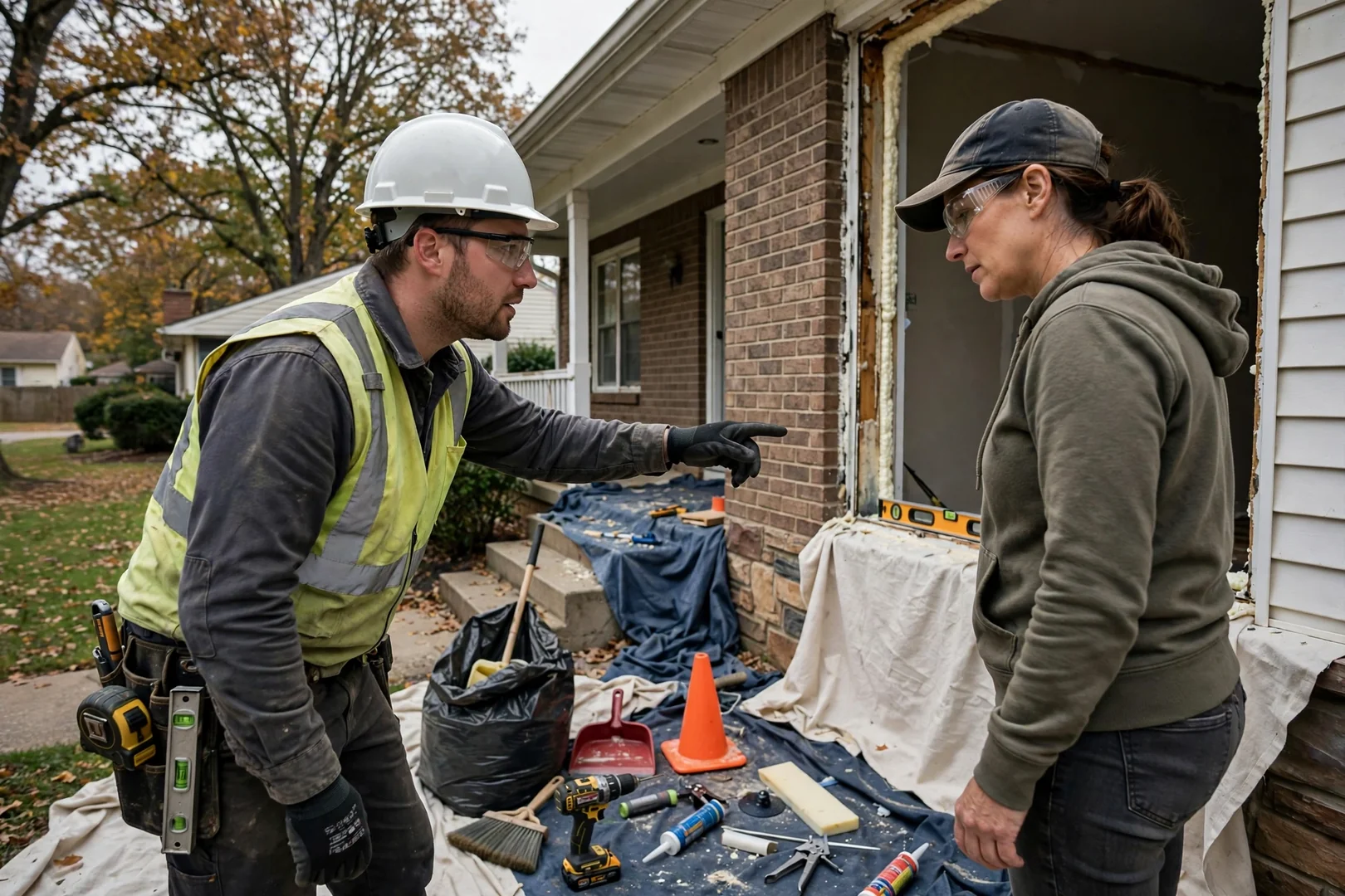 Homeowner reviewing bay window replacement plans with a technician beside a seat board projection