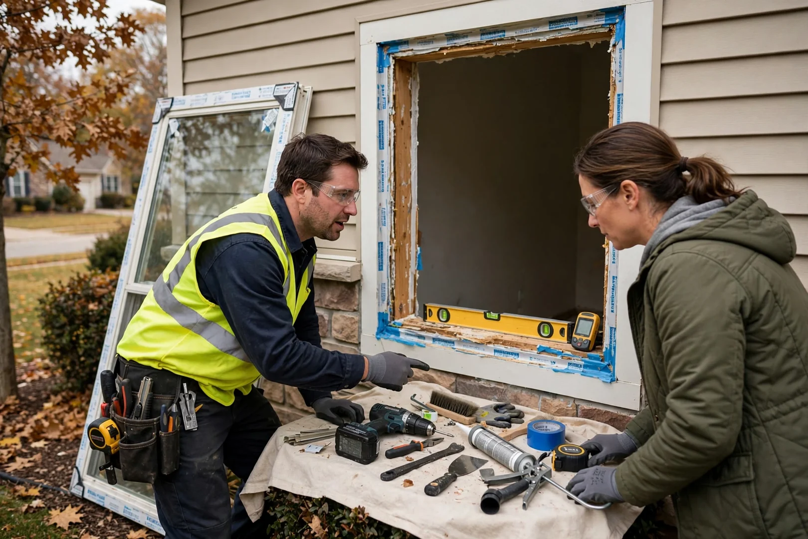 Technicians installing a new bay window assembly on a St Peters home exterior