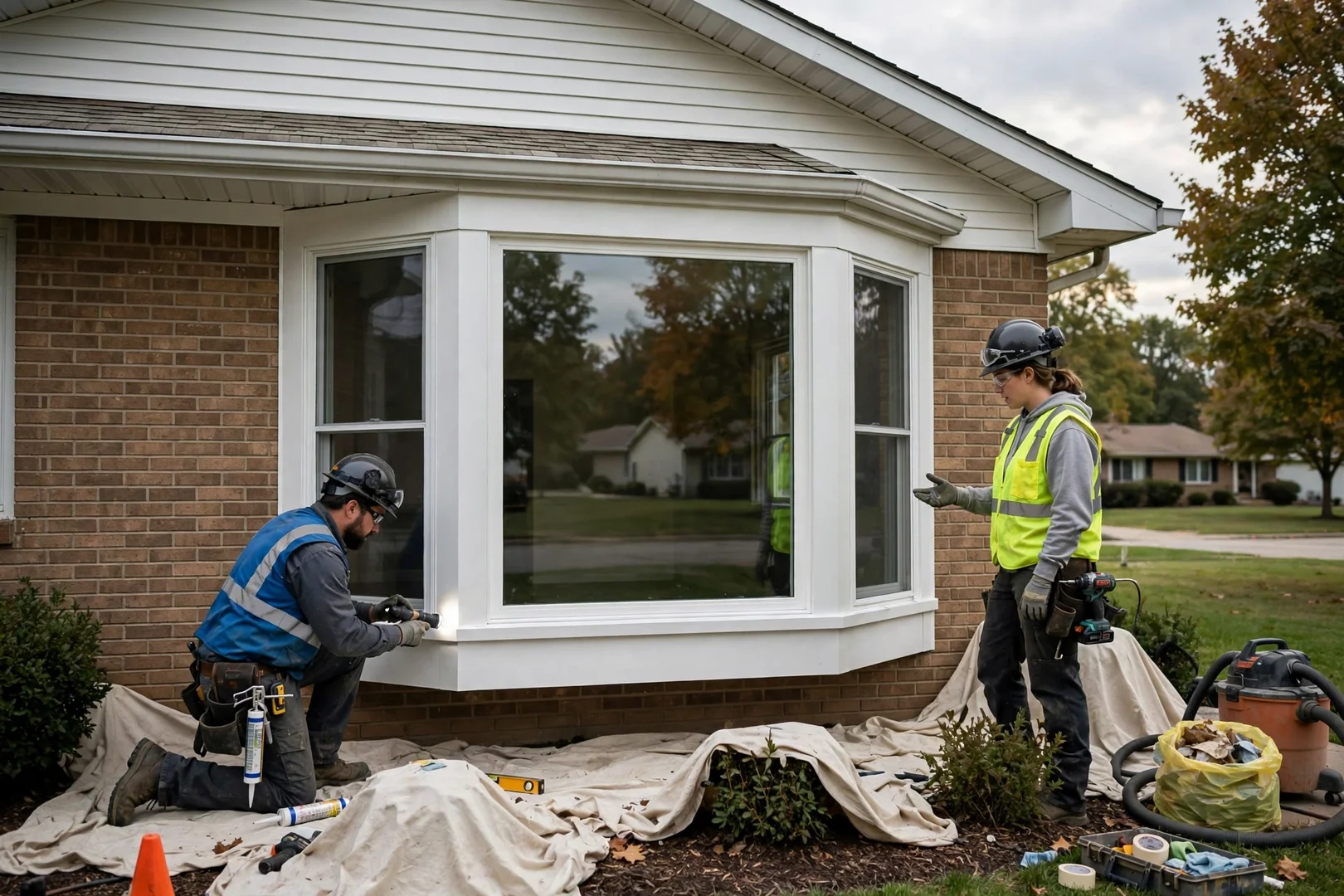 Finished three-panel bay window with white trim on a St Peters ranch-style home