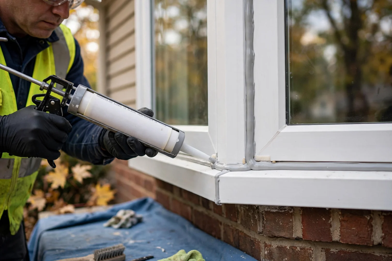 Close-up of fresh exterior sealant bead along a newly installed bay window frame