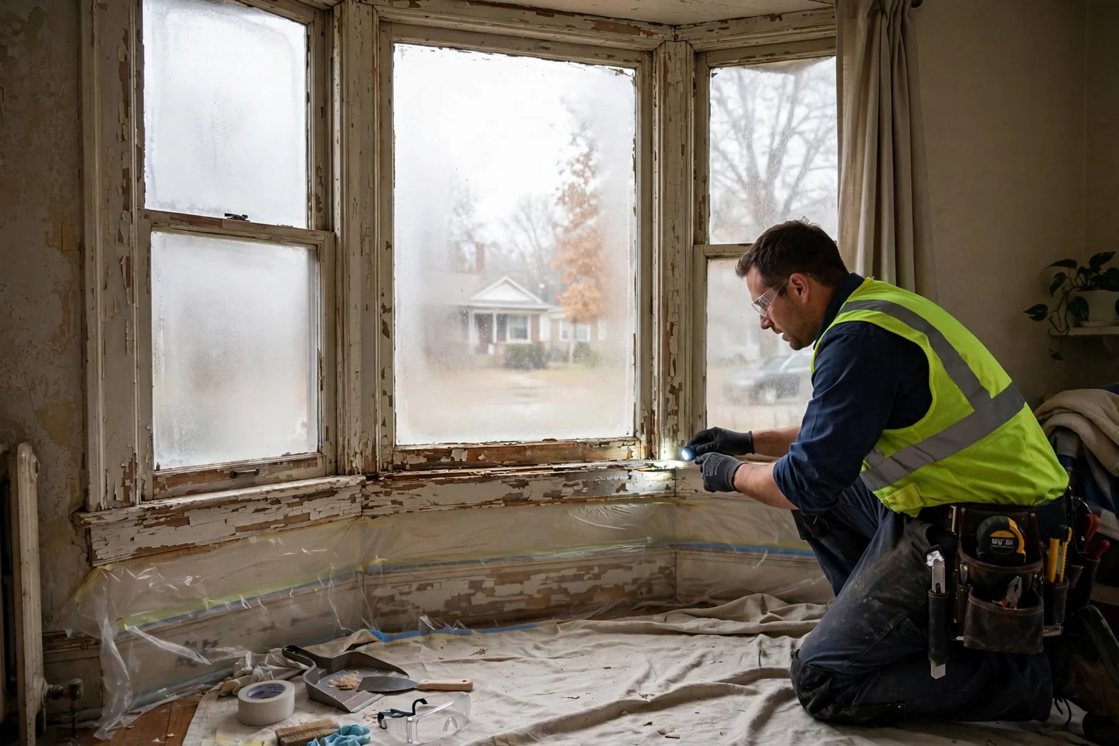 Aged bay window with fogged glass and peeling sill before replacement work begins