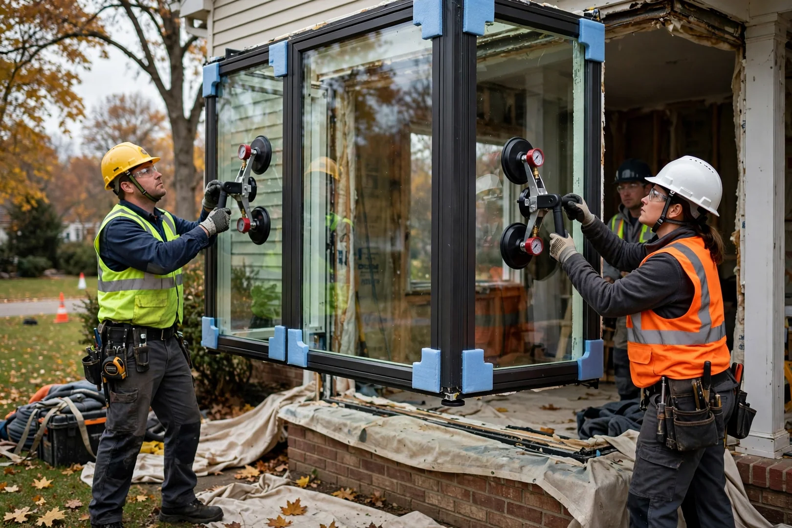 Technicians using suction lifters to set a large insulated bay window unit safely