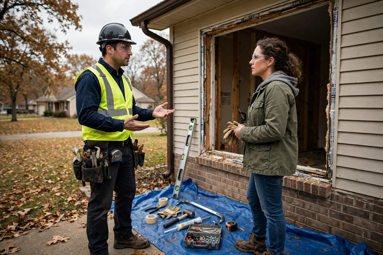 Homeowner reviewing a written bow window replacement estimate at a kitchen table in St Peters