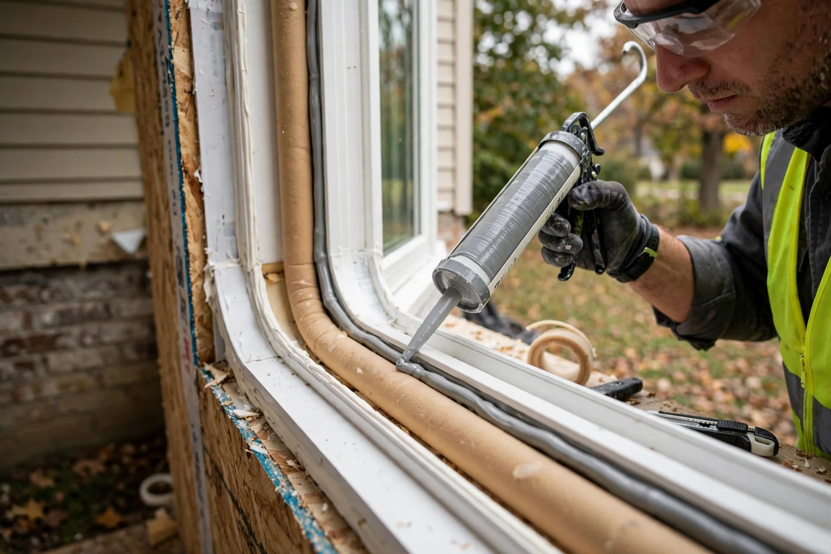 Close-up of perimeter sealant and backer rod applied around a newly set bow window frame