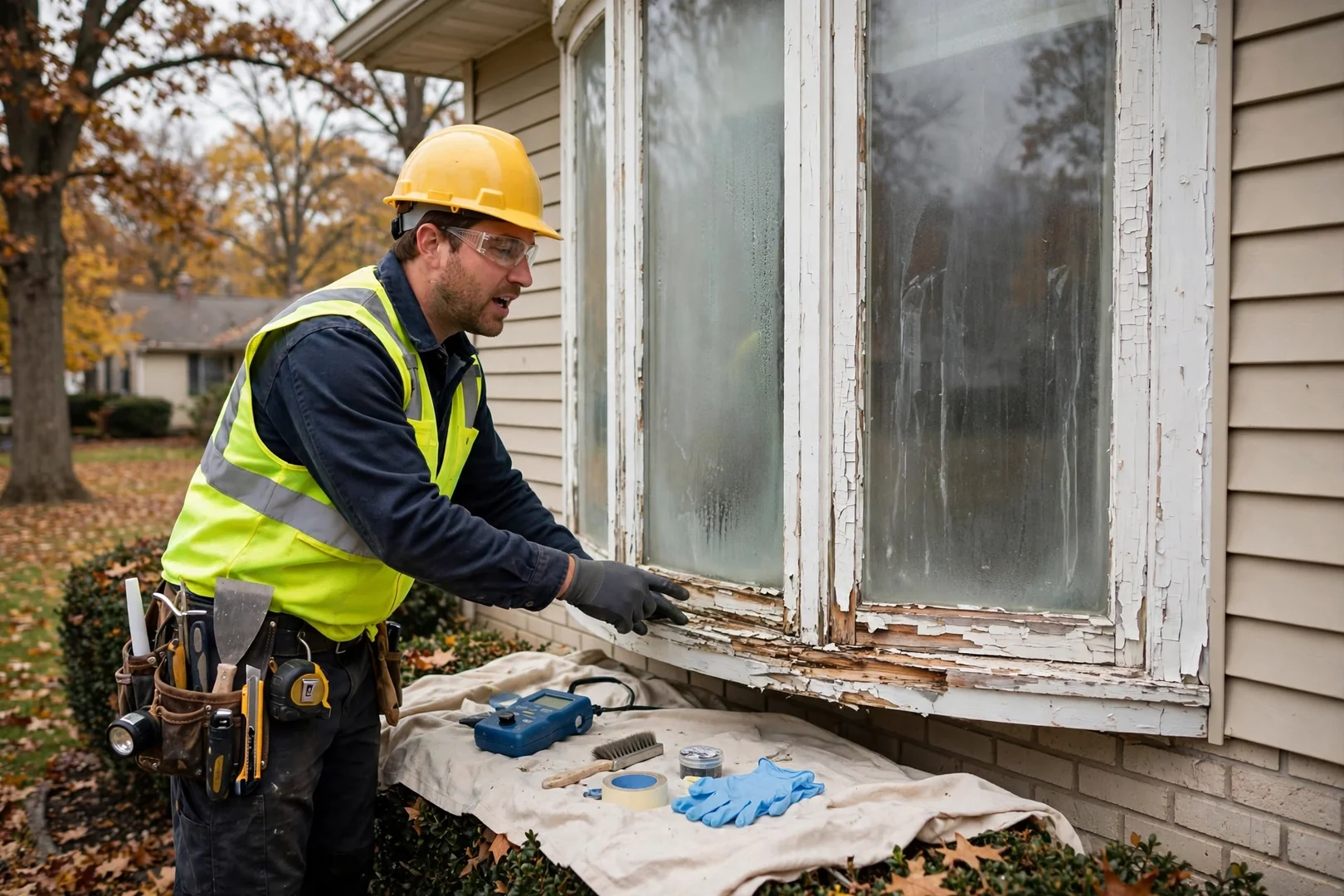 Aging bow window with fogged glass and peeling exterior trim before replacement work begins