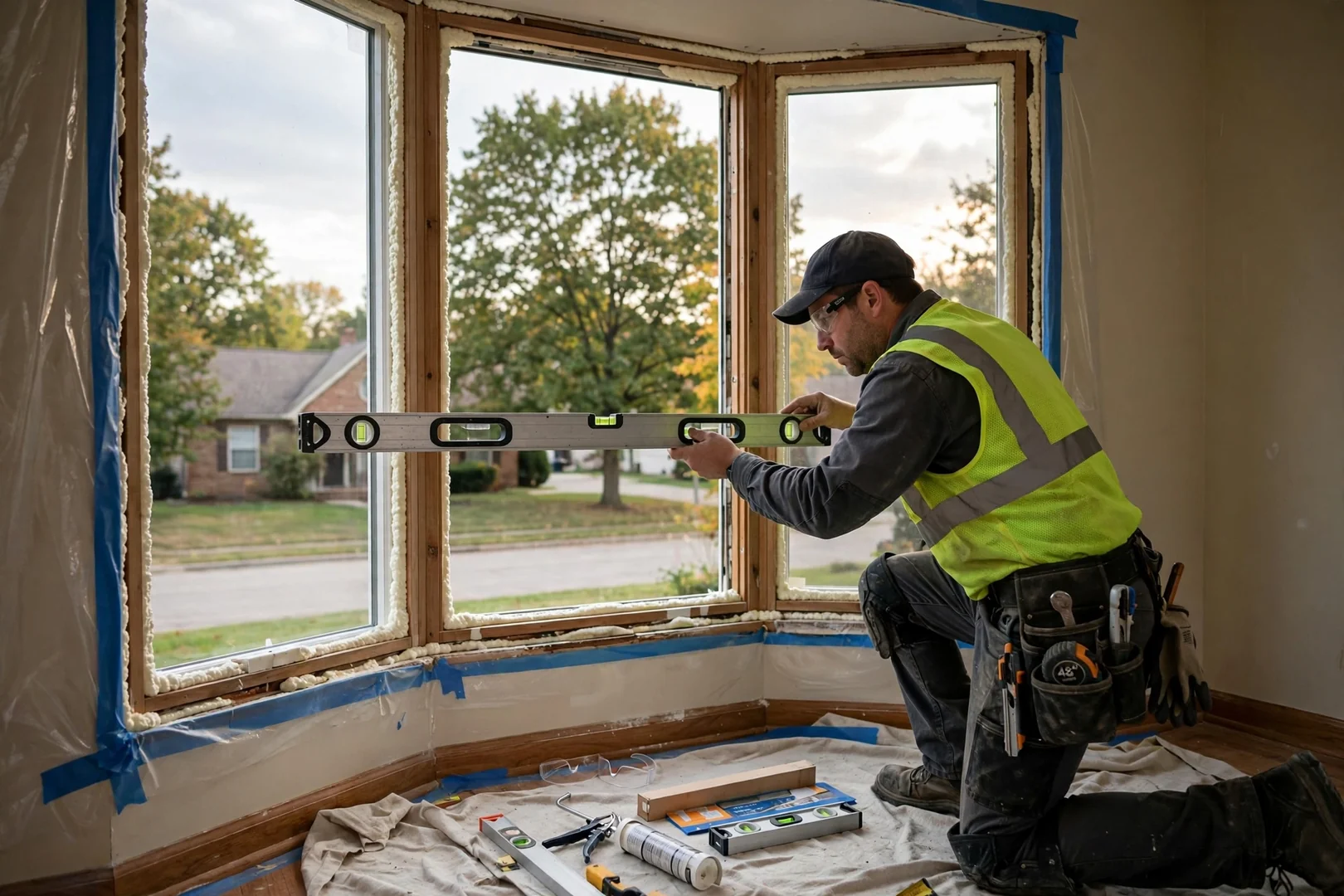 Technician checking level across bow window mullions with a long spirit level during installation