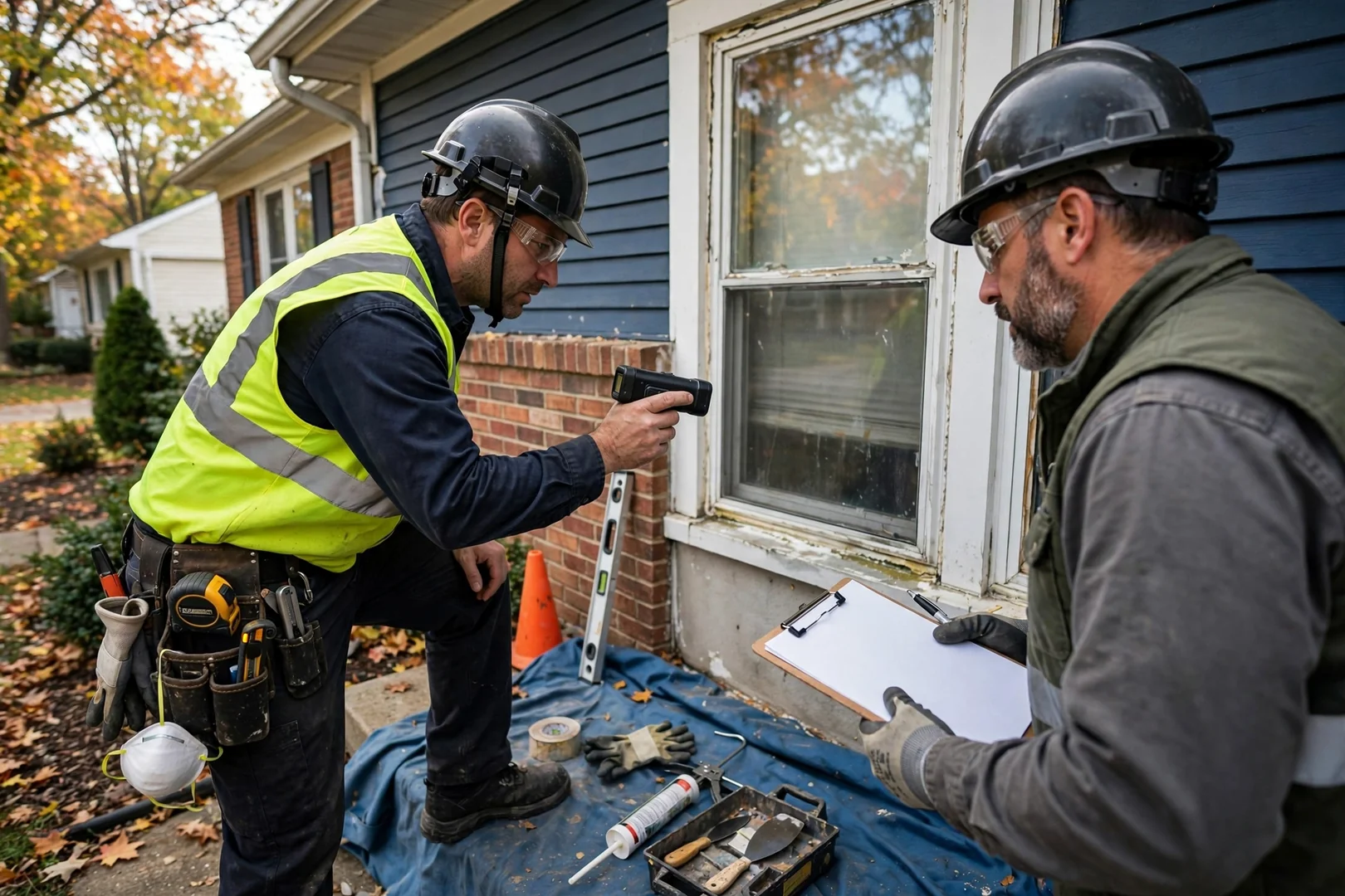 Technician measuring a casement window opening while preparing a written replacement estimate for a homeowner