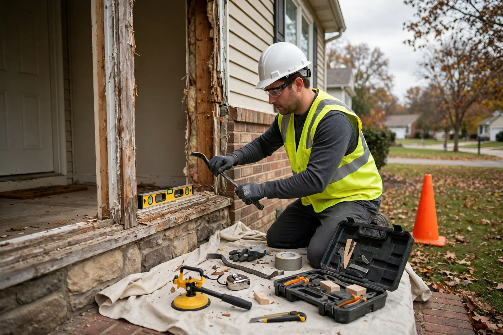 Technician measuring a casement window opening during a homeowner estimate visit in St Peters