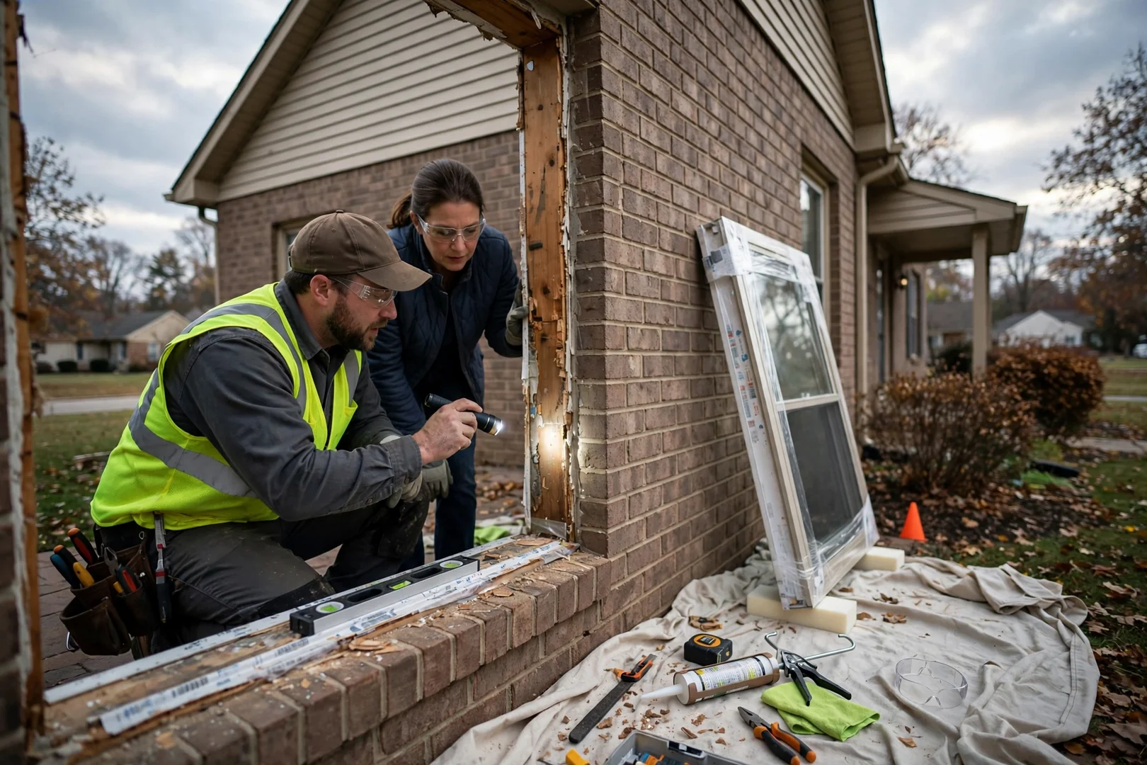 Technician installing a new casement window sash in a St Peters home opening