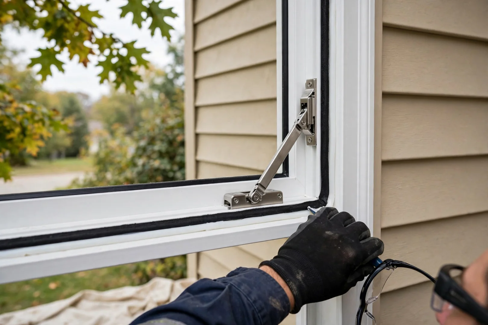 Close-up of a newly installed casement window sash with visible hinge arm and weatherstripping