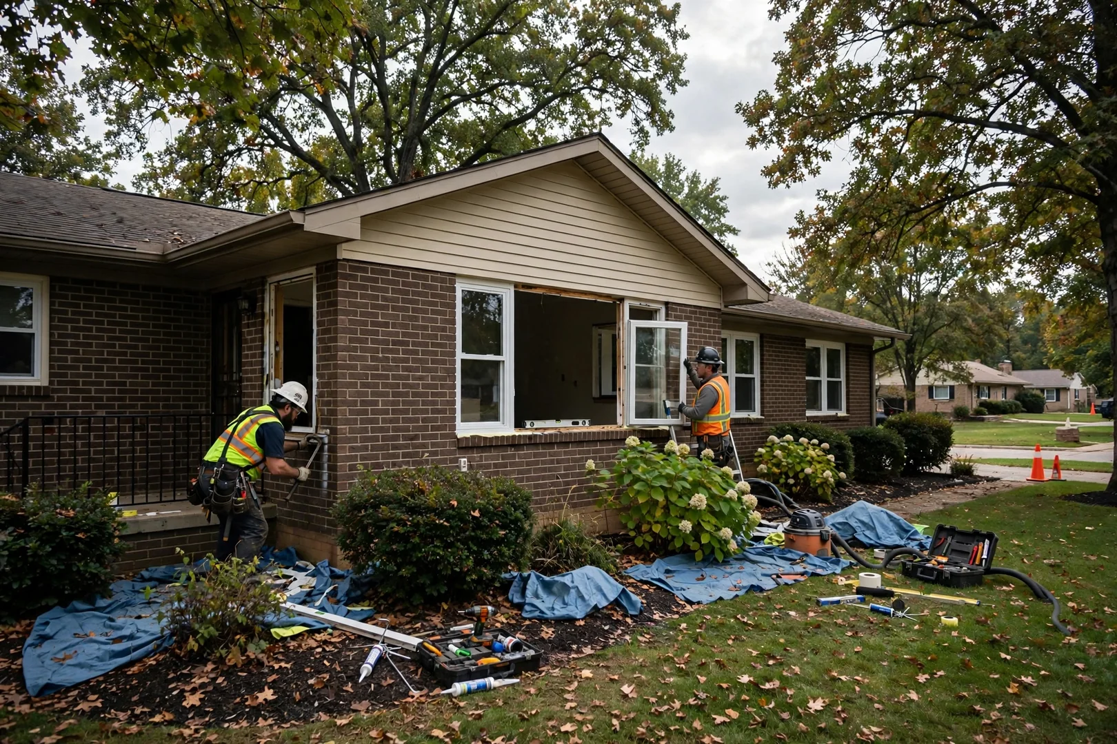 Wide exterior view of a St Peters ranch home with replacement casement windows across the front