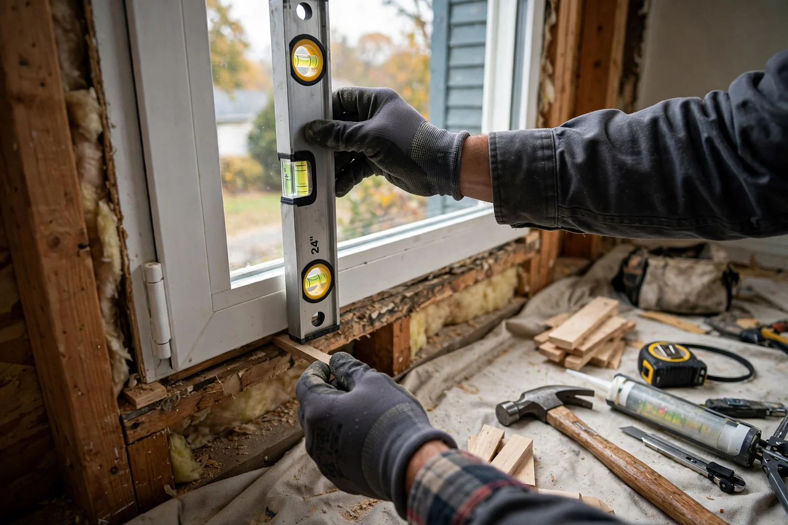 Technician shimming a new casement window frame level inside a prepared rough opening