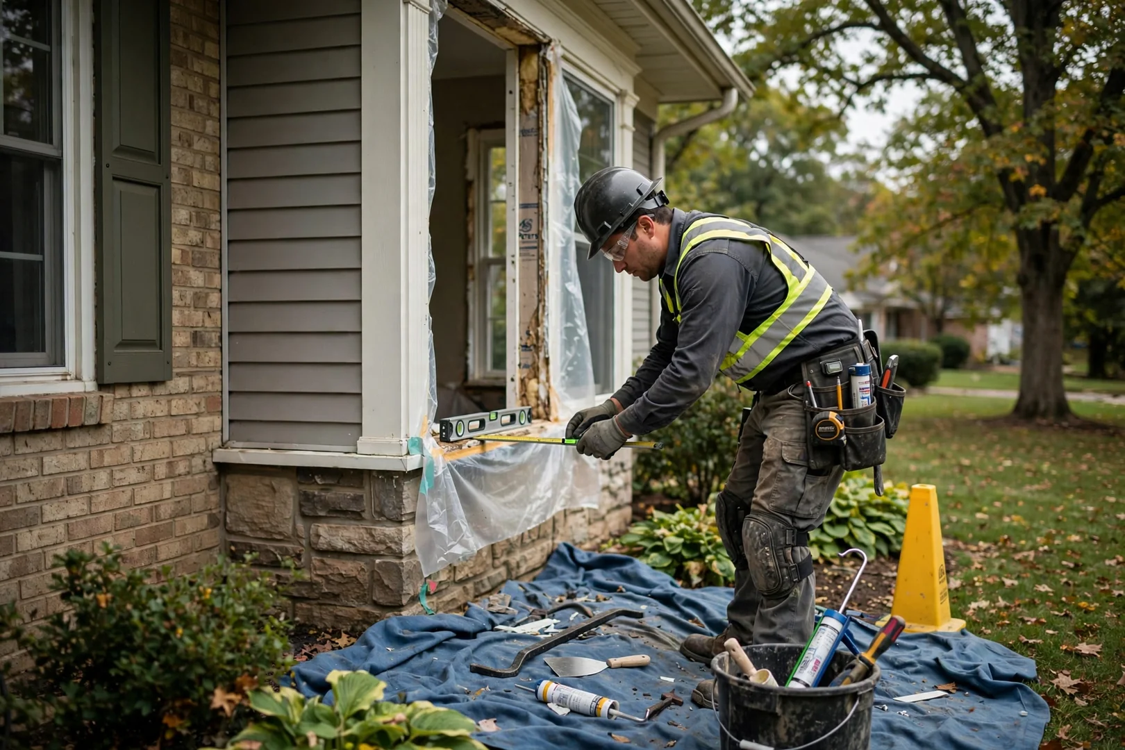 Installer measuring a double hung window opening during a homeowner estimate visit in St Peters