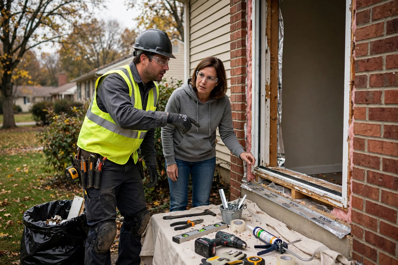 Technician installing a new double hung window unit in a St Peters home