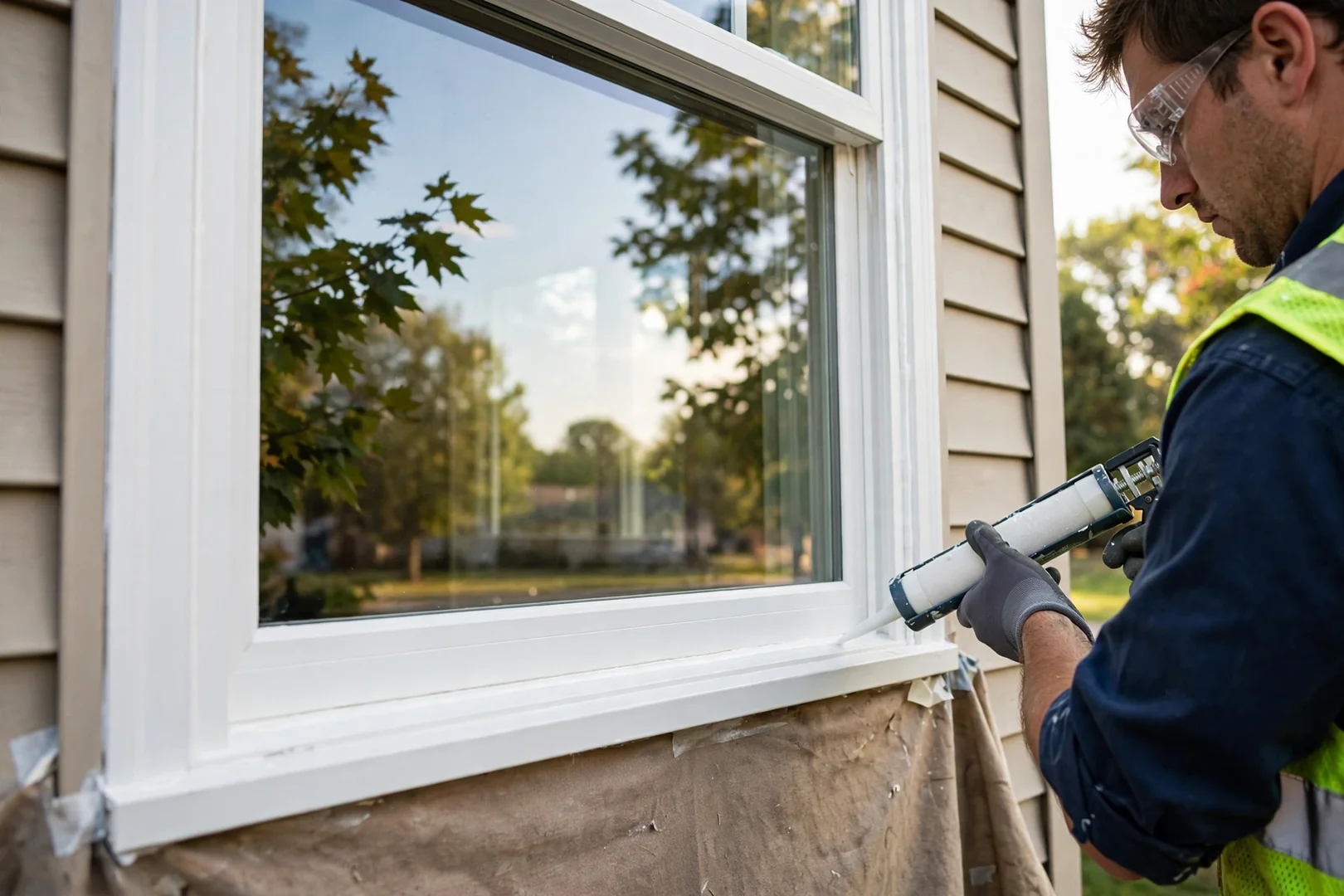 Close-up of a newly installed white double hung window with clean exterior caulk line
