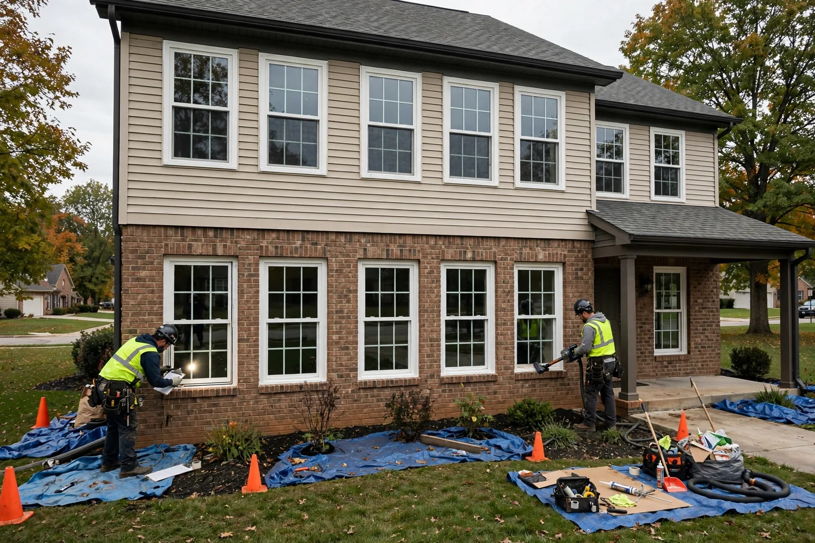 Wide view of a two-story suburban home after full double hung window replacement