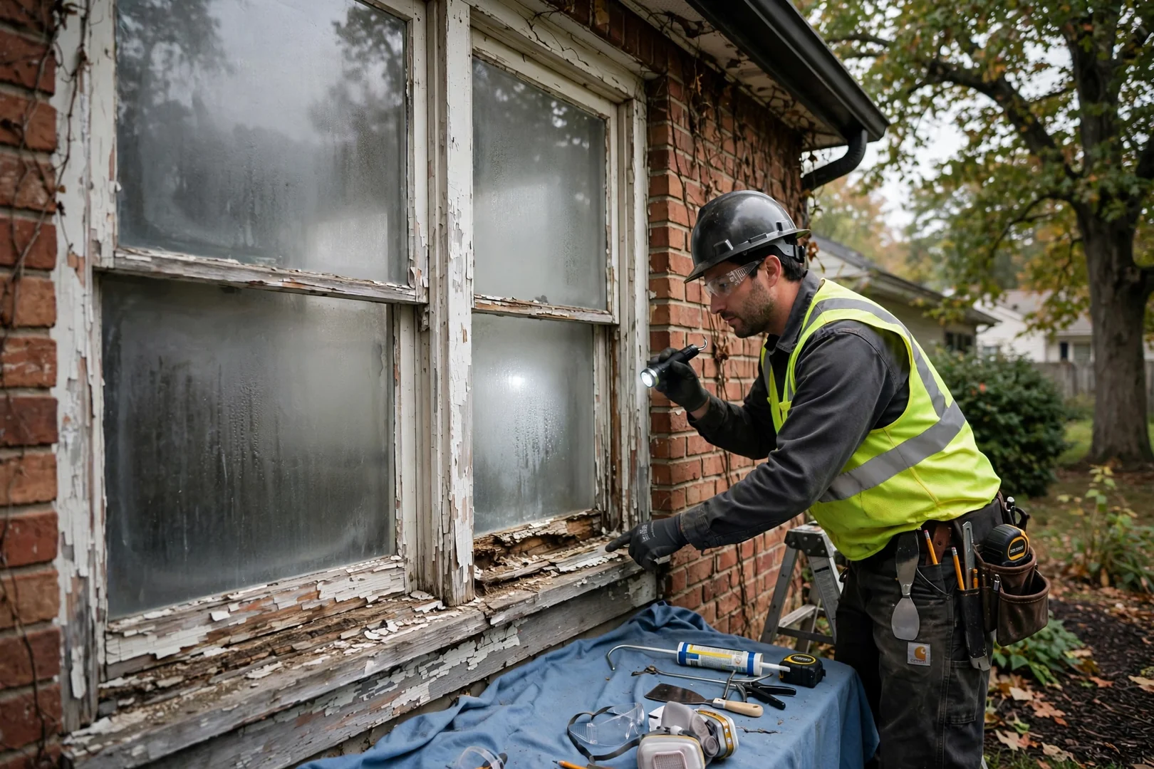 Older wood window with peeling paint and fogged glass before replacement work begins