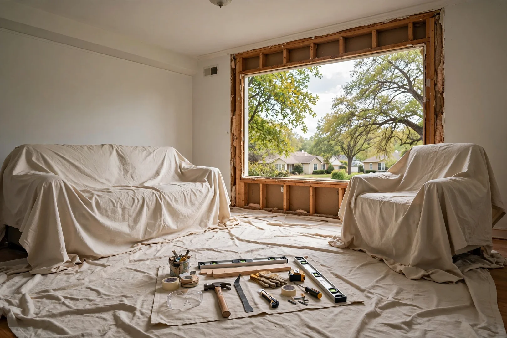 Interior work area protected with drop cloths during a window removal in progress
