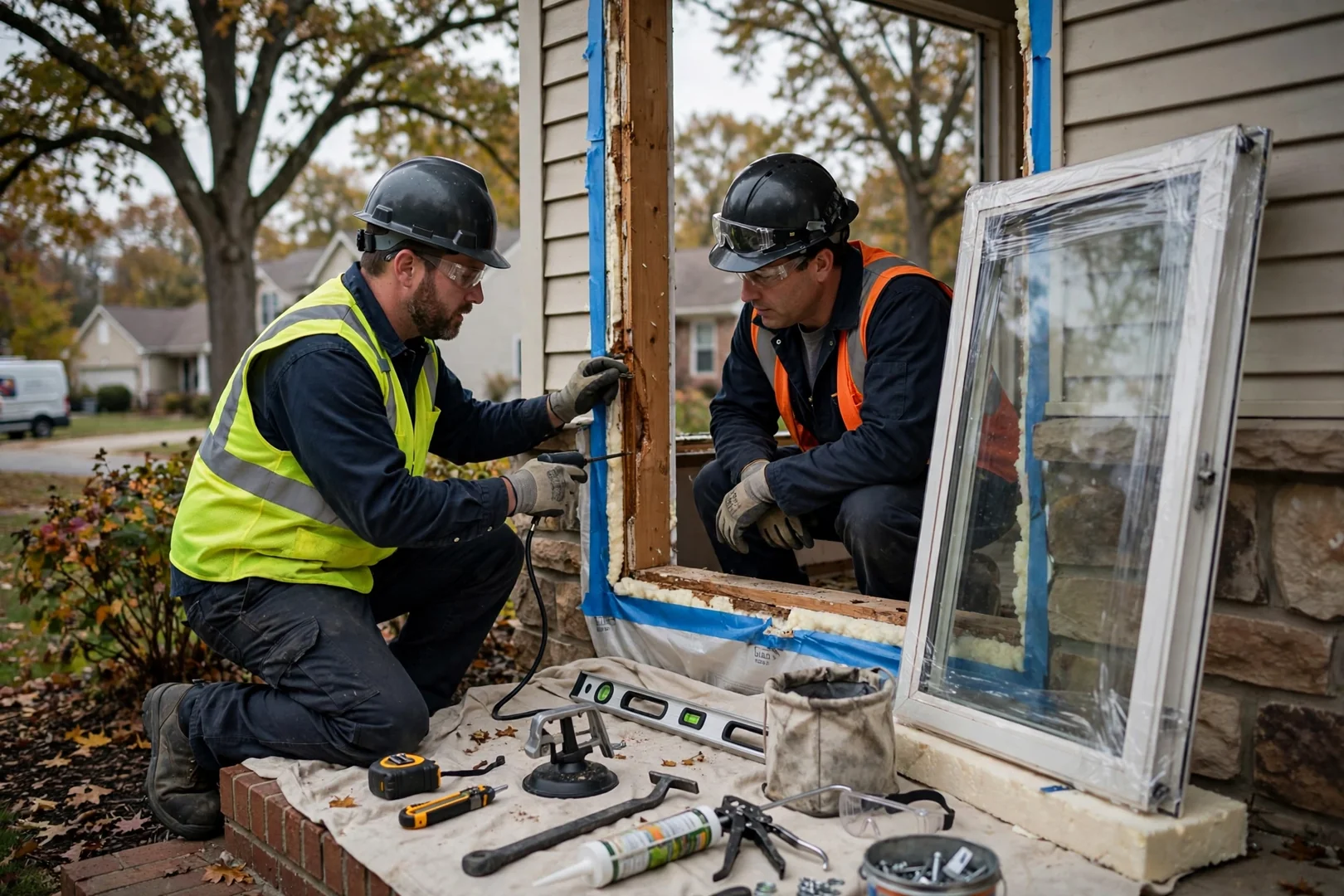 Technicians installing a code-compliant basement egress window and window well at a St Peters home