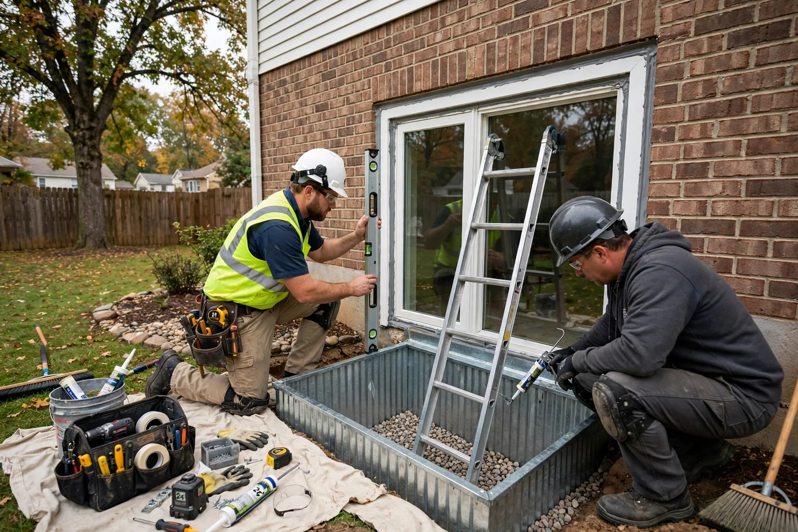 Finished basement egress window with steel window well and ladder in a St Peters backyard