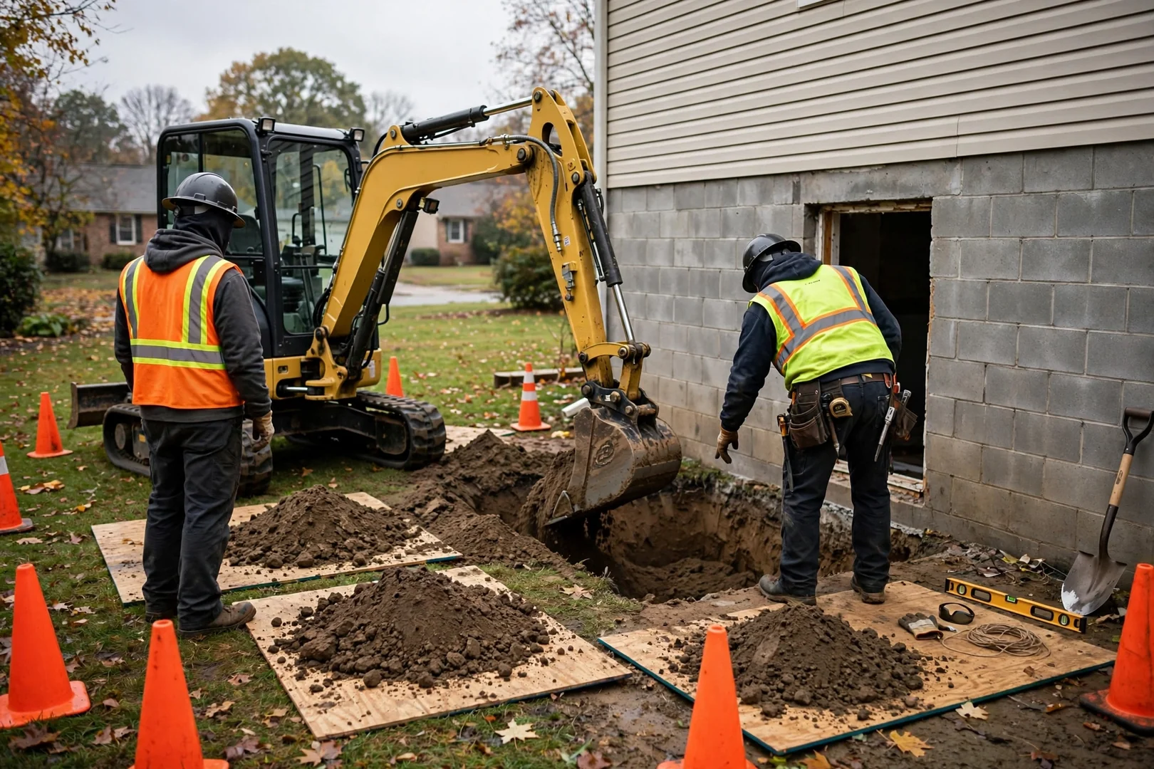 Compact excavator digging a window well pit beside a suburban home foundation
