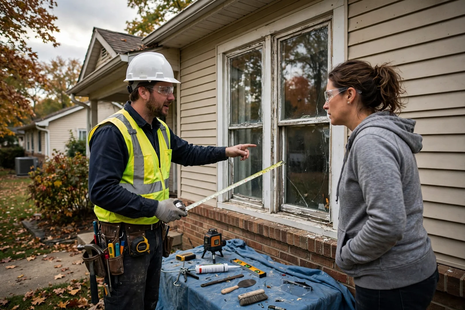 Homeowner reviewing itemized window replacement estimate with installer beside new energy efficient windows