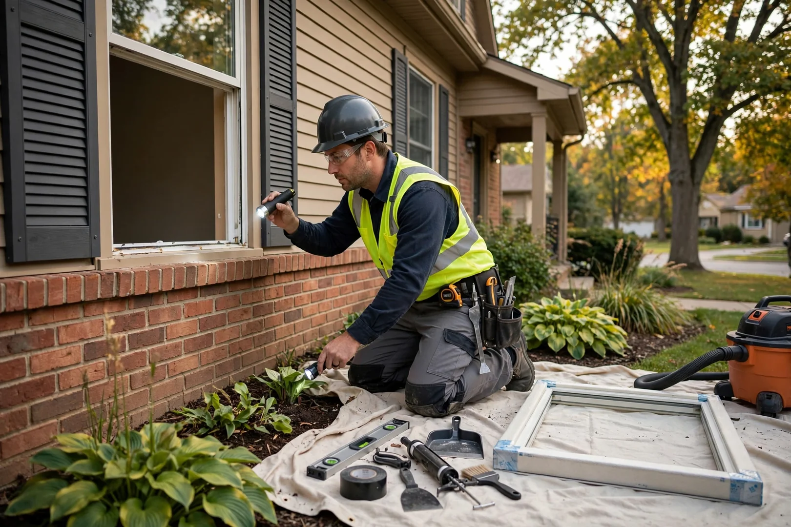 Technician measuring a home window opening while a homeowner reviews replacement options in St Peters