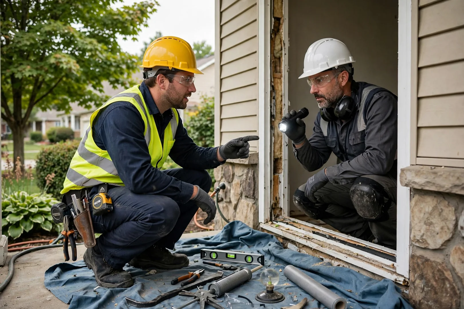 Technician measuring a double-pane window opening during an energy efficient replacement consultation