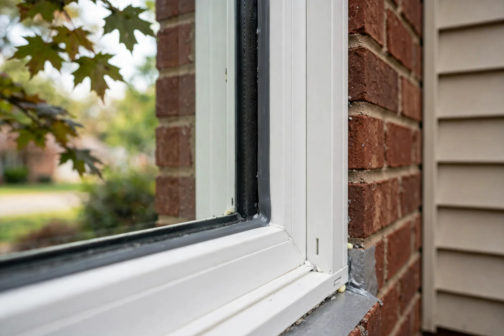 Close-up of low-E insulated glass unit set into a freshly sealed vinyl frame
