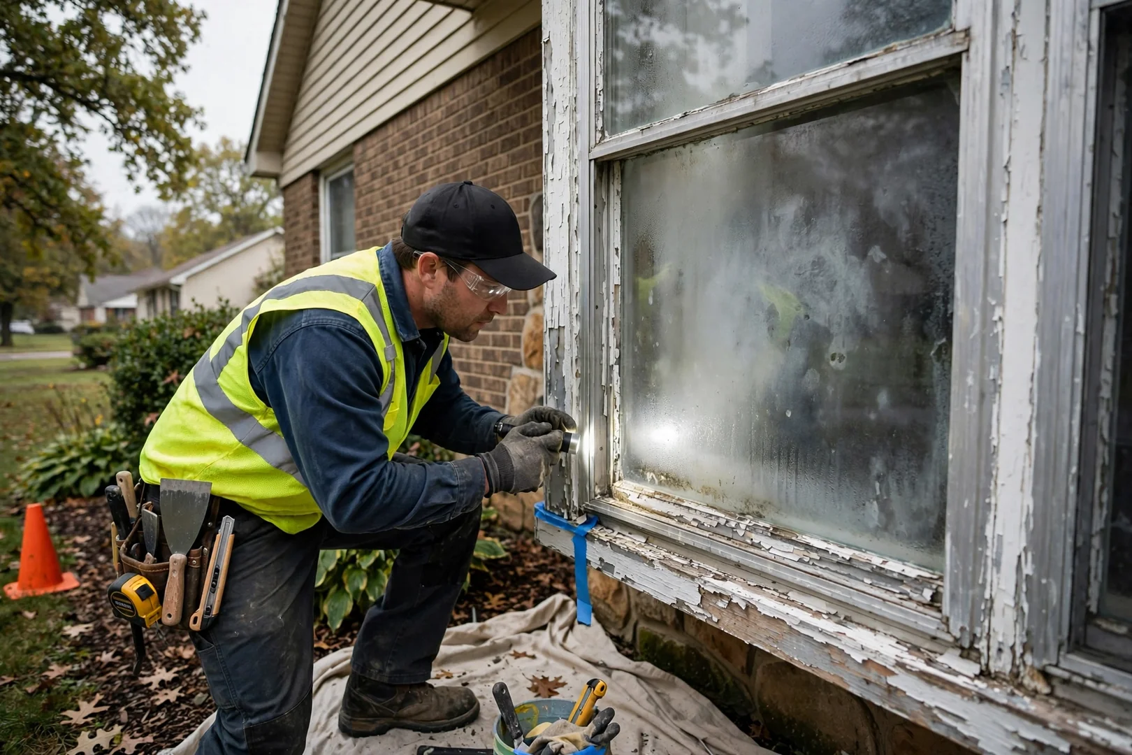 Old aluminum window with fogged glass before removal and efficiency upgrade