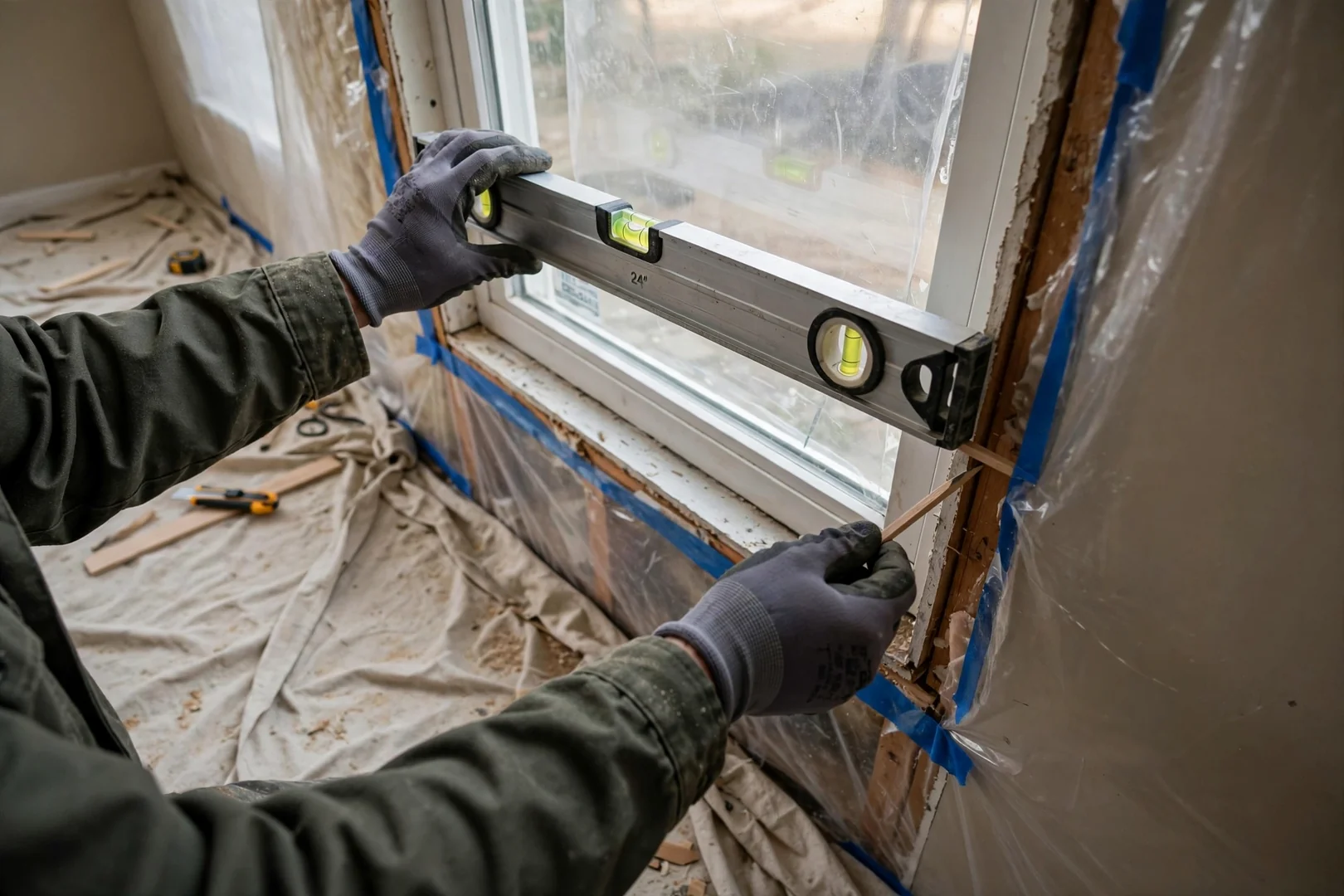 Installer shimming a replacement window level inside a protected interior work zone