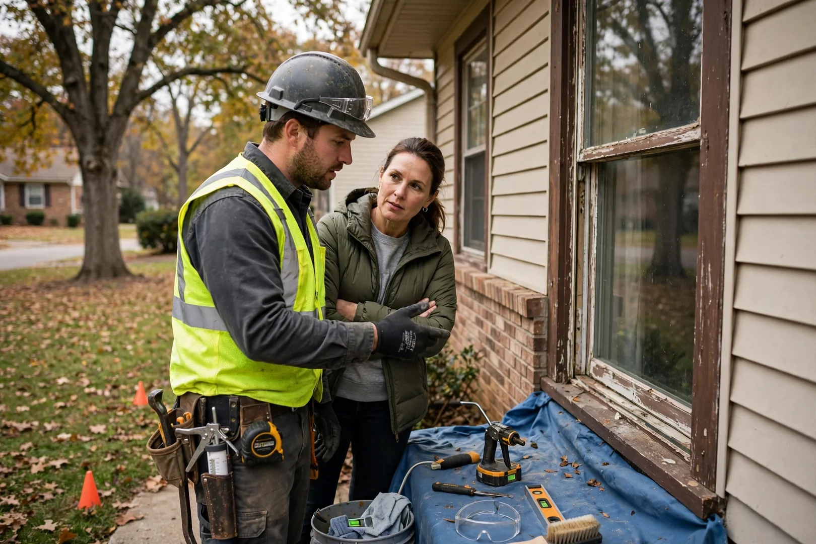 Technician measuring a large fixed picture window opening while preparing a written replacement estimate