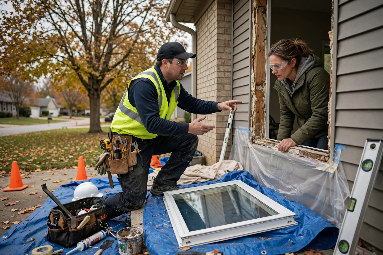 Homeowner reviewing a written picture window replacement estimate with an installer beside a large living room window