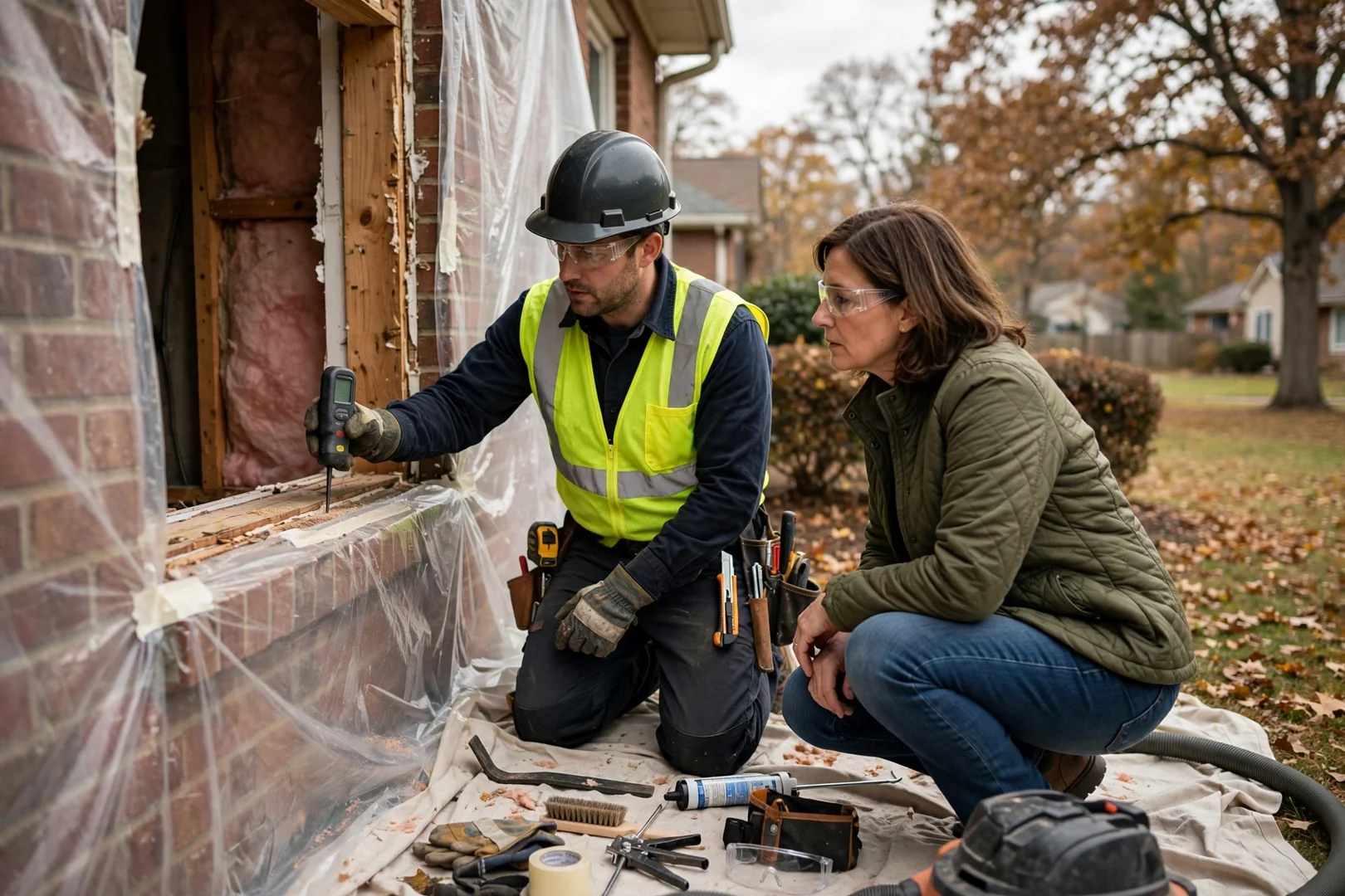 Installers carefully setting a large fixed picture window pane into a living room opening