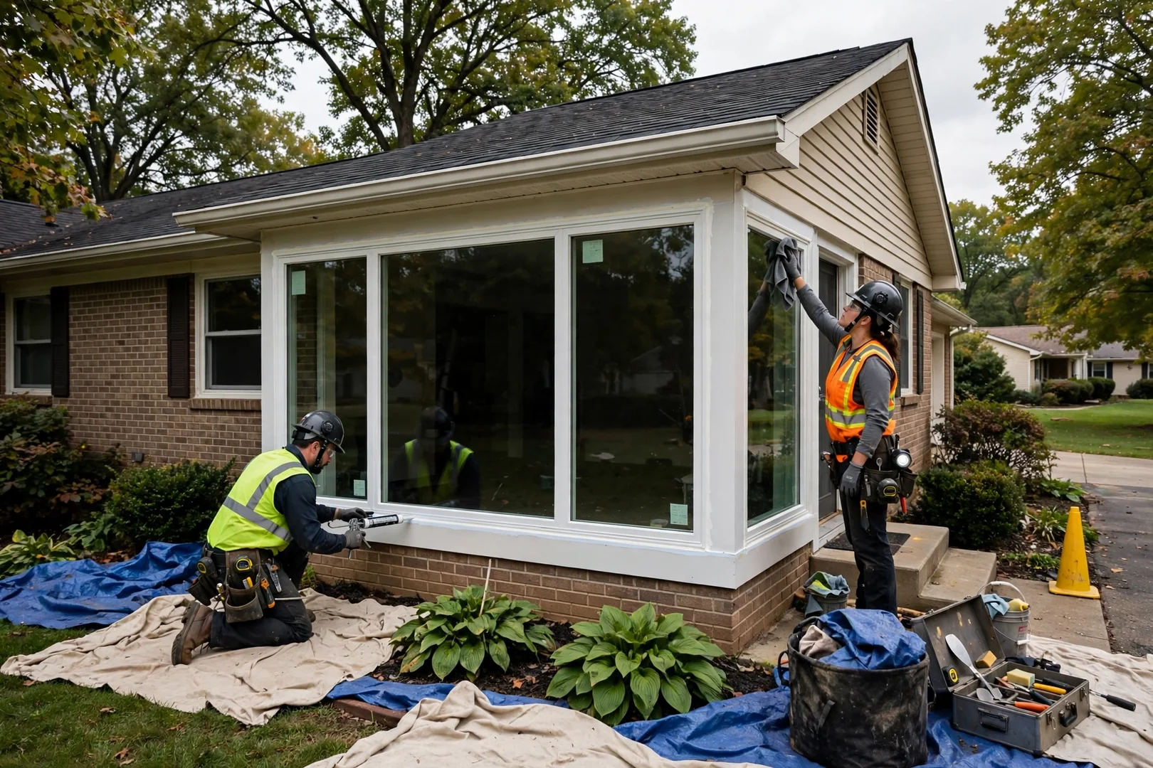Wide shot of a finished oversized picture window on a St Peters ranch home exterior