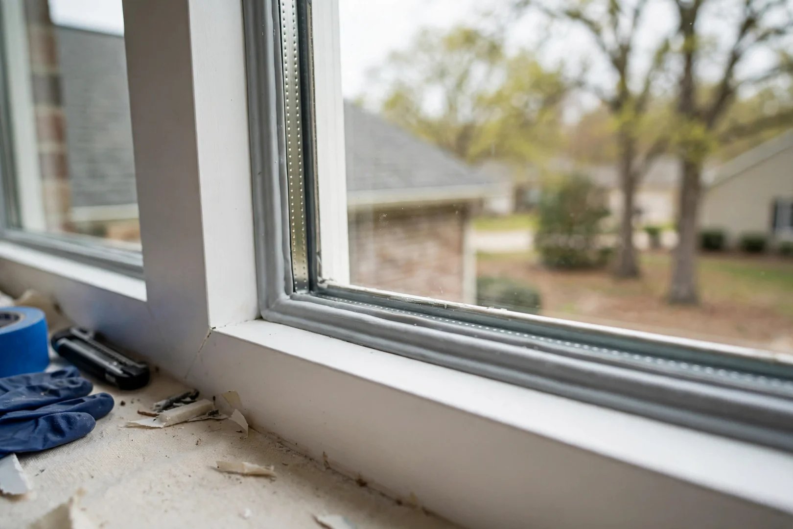 Close-up of new insulated glass unit edge seal and vinyl frame corner after installation