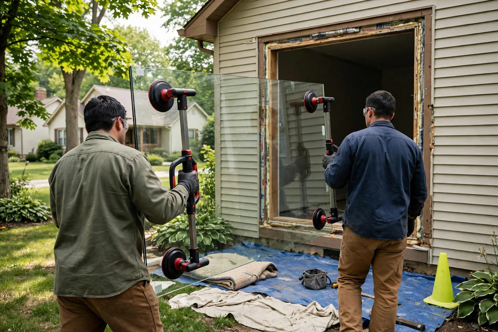 Crew using suction lifters to set a large fixed pane into a prepared rough opening