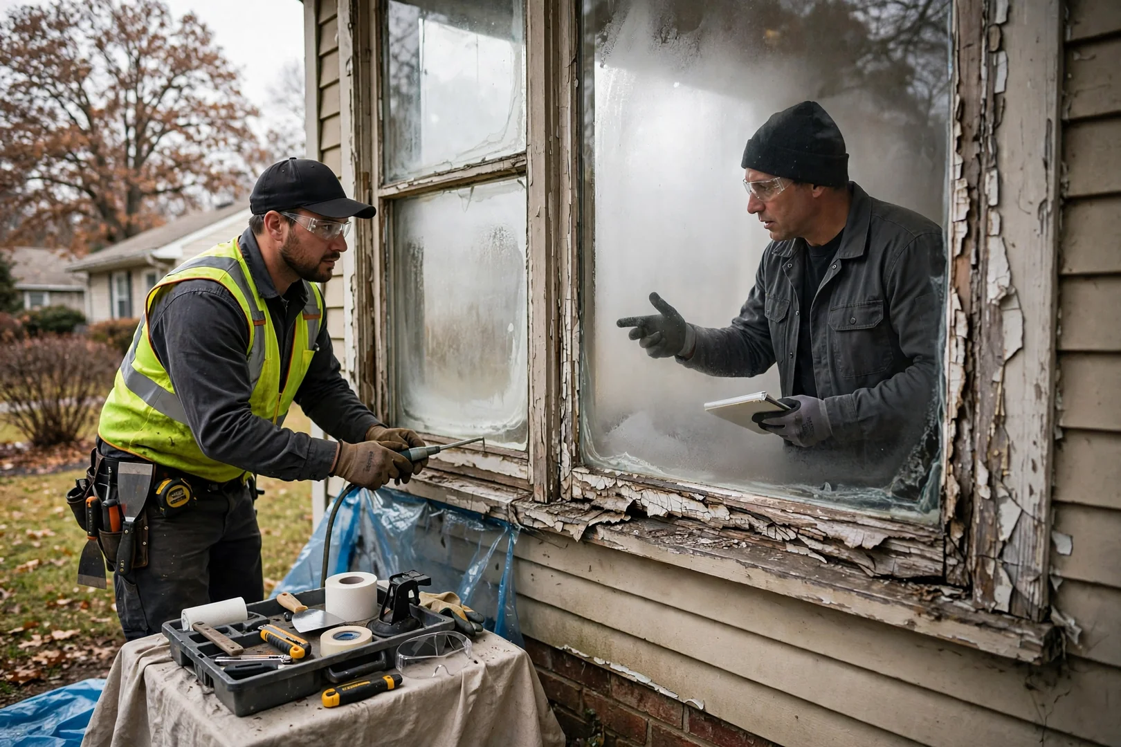 Fogged and failed picture window pane before replacement in an older suburban home