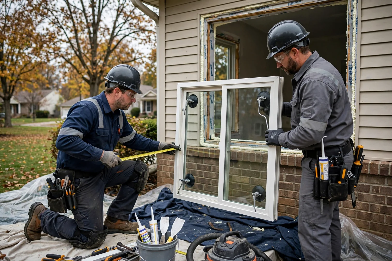 Installer measuring a patio door opening during a sliding glass door replacement consultation
