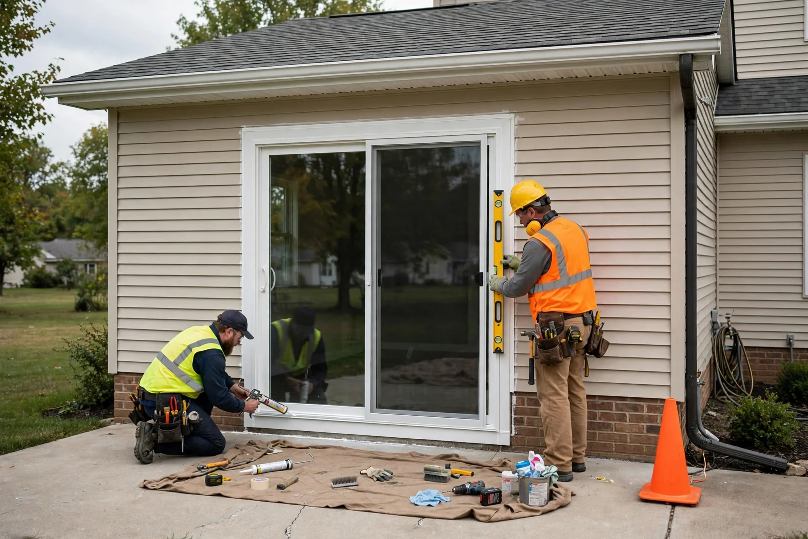 Finished white vinyl sliding glass patio door installed on a suburban home rear elevation