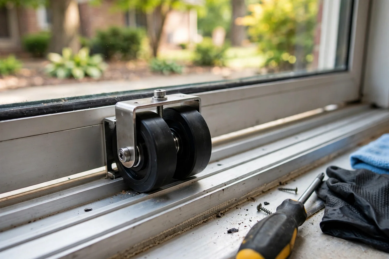 Close-up of new tandem roller assembly and adjusted track on a sliding door sill