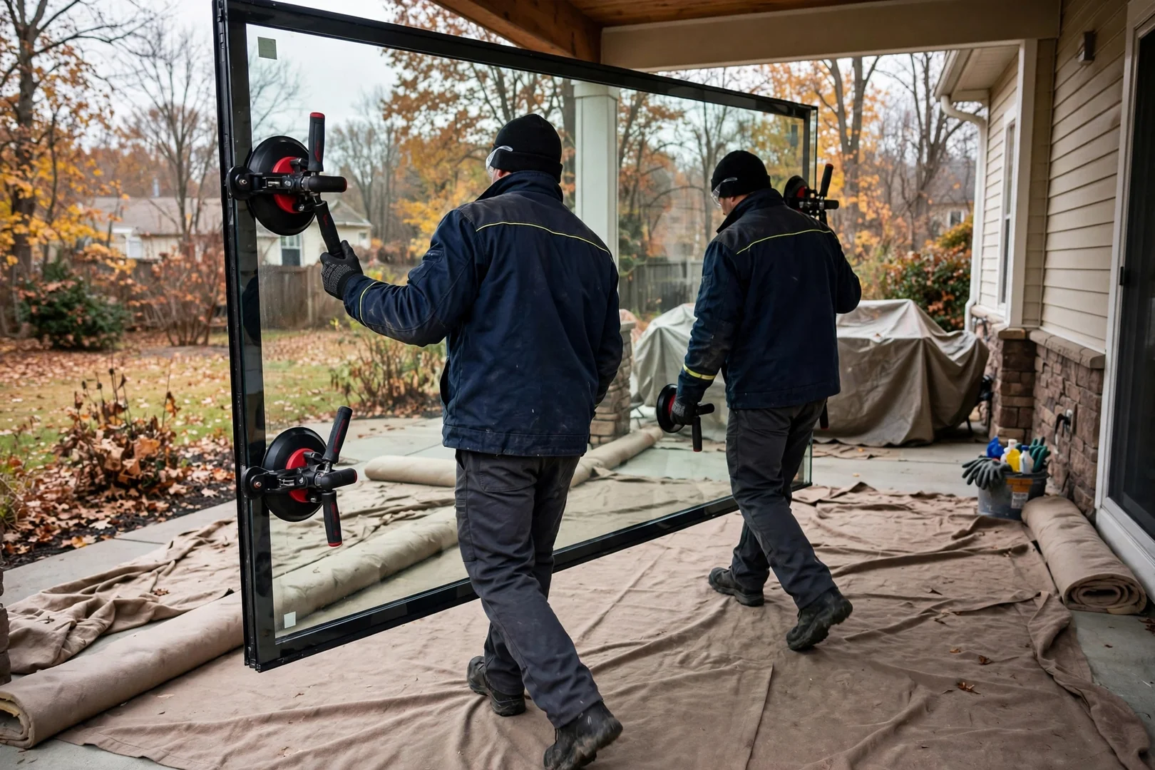 Two technicians lifting a tempered glass panel with suction handling tools