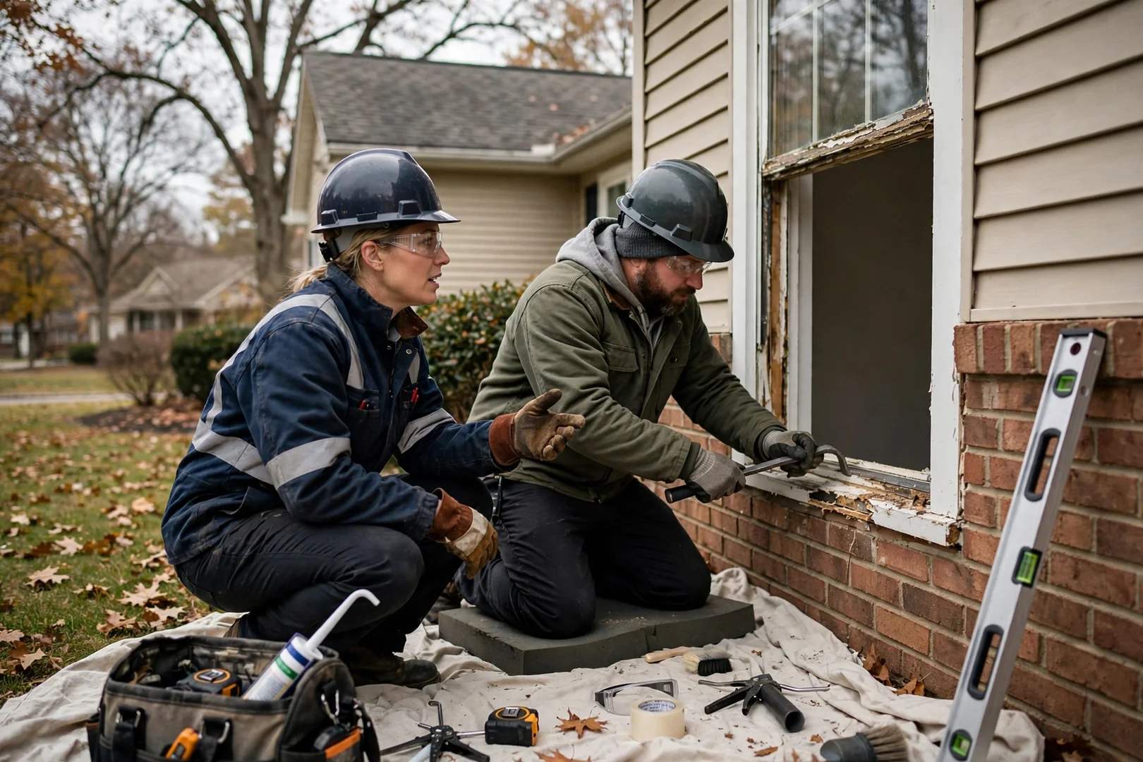 Technician measuring a window opening while preparing a replacement glass estimate for a homeowner