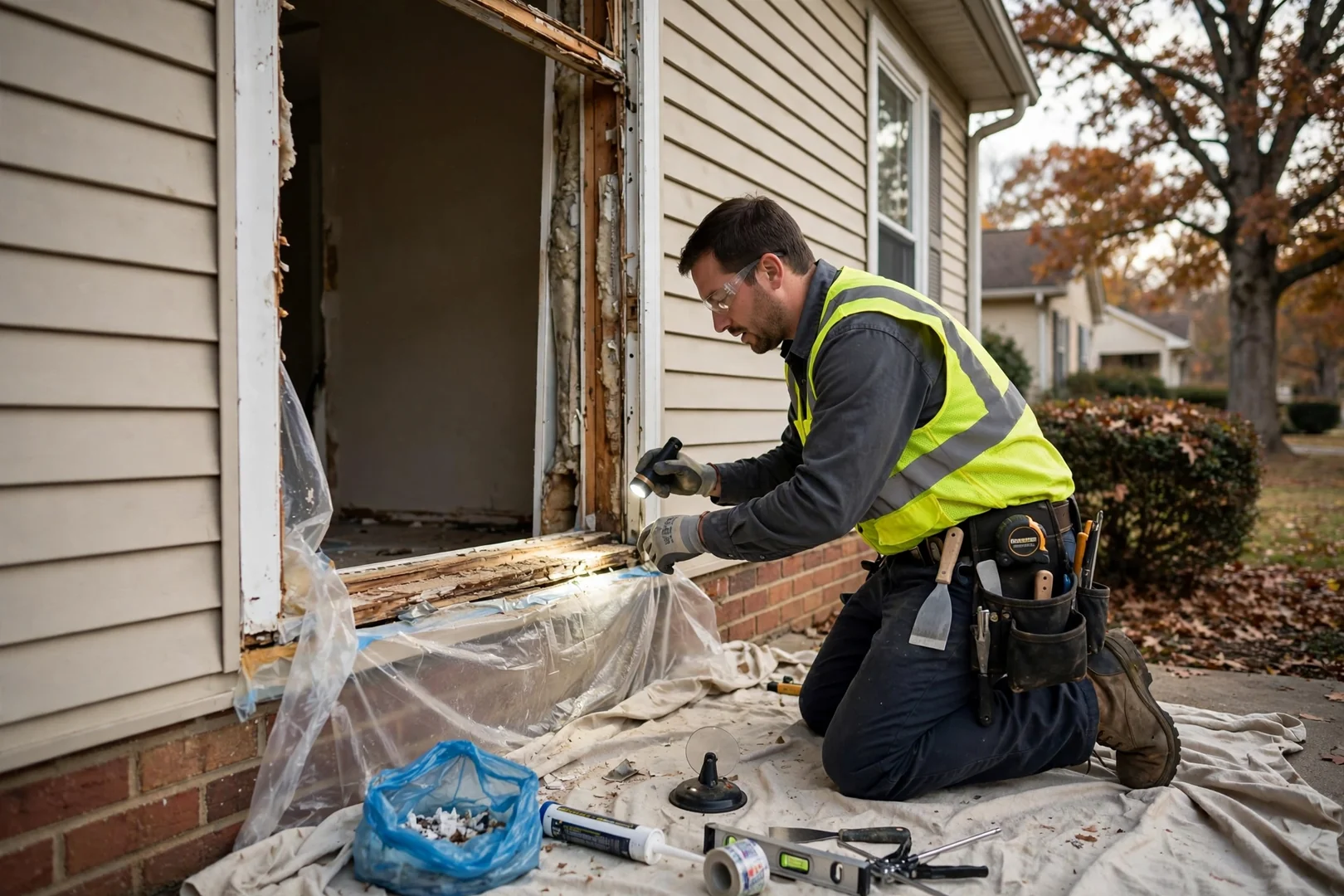 Technician carefully setting a new insulated glass unit into a residential window sash
