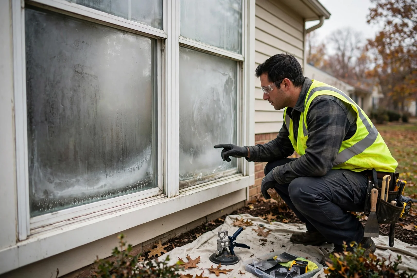 Fogged double pane window showing failed seal on a St Peters home before glass replacement