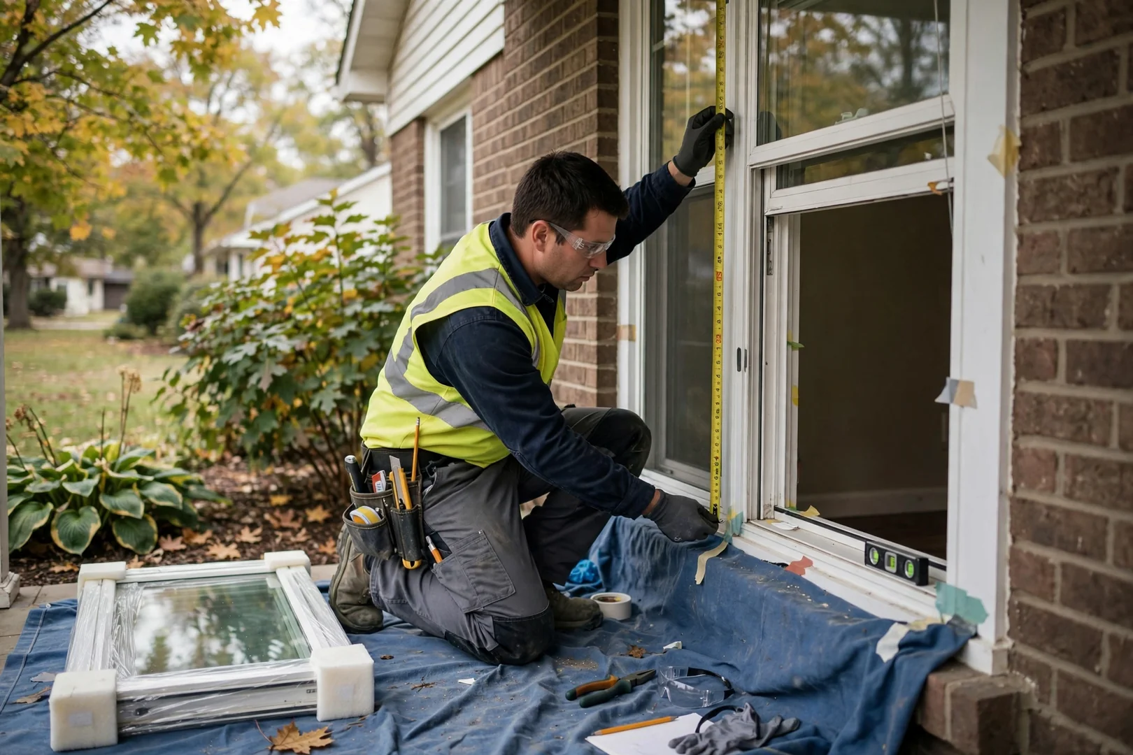 Technician measuring sight lines on a double hung sash for a replacement insulated glass unit
