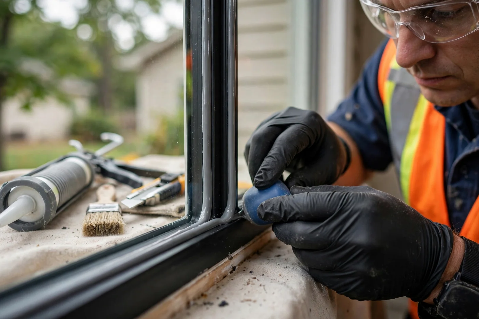 Close-up of new glazing bead and sealant bead installed around a fresh window pane
