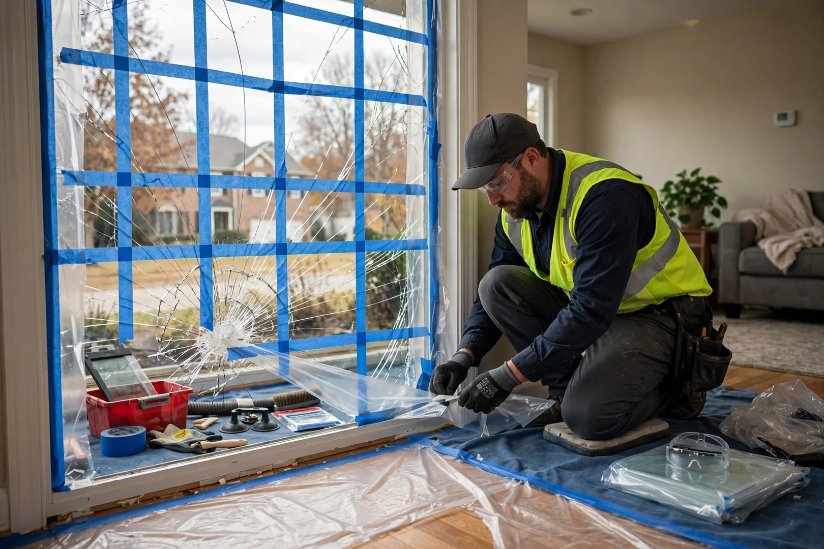 Cracked picture window pane scored and contained for safe removal with protective floor coverings